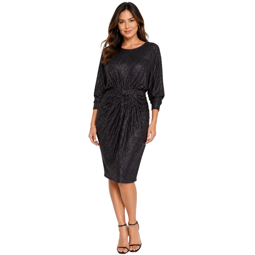 NWT ELOQUII Black Rainbow Metallic Glitter Knot Front Dolman Midi Dress 18